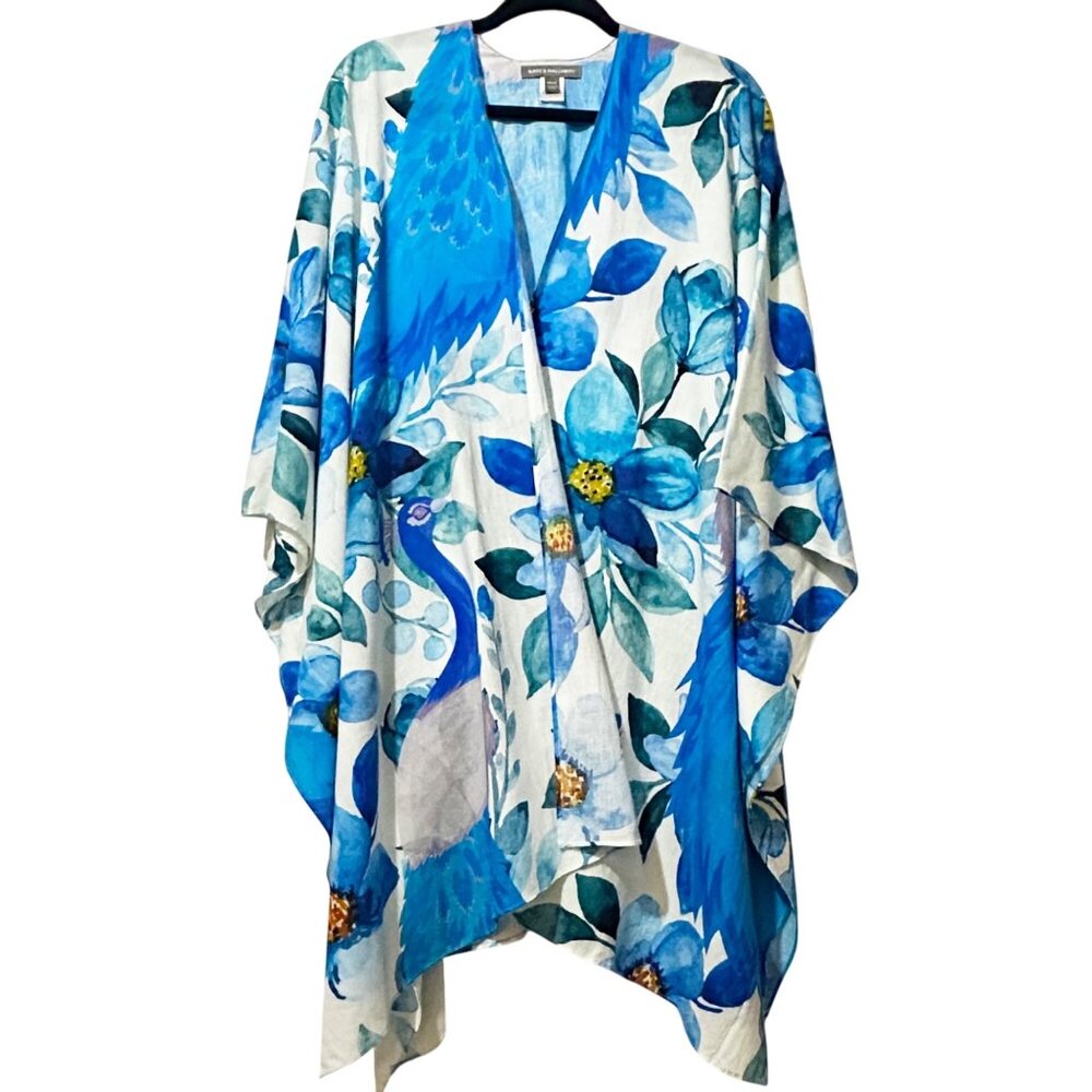 BEAUTIFUL Blue Peacock & Magnolia Print Kimono Wrap, One Size, 100% Cotton